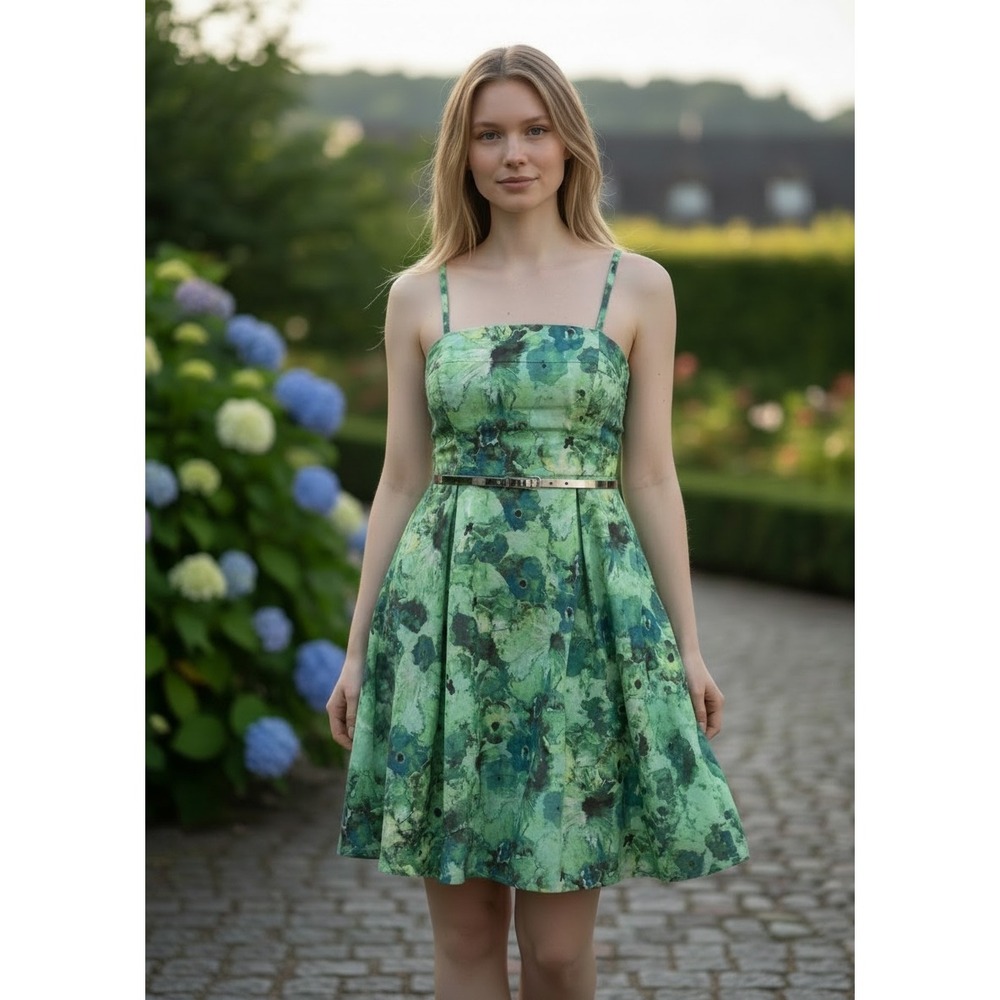 Candie's Green Watercolor Floral Fit and Flare Sundress with Silver Belt Size 9